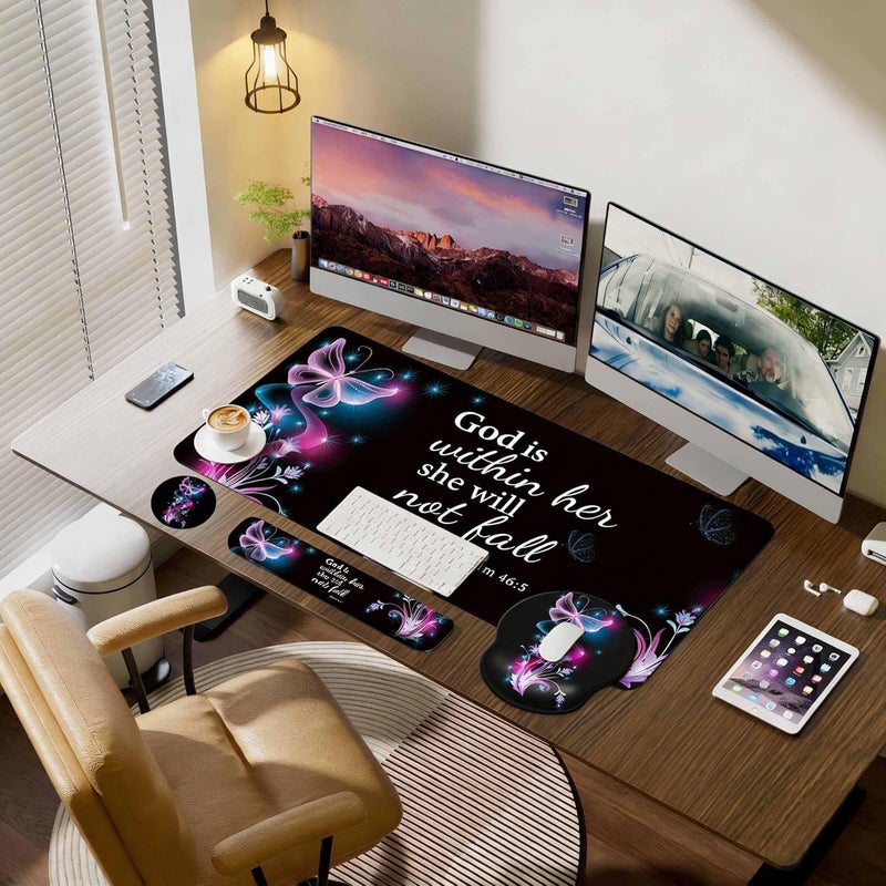 VINEBURY Desk Mat Set + Keyboard and Mouse Pad with Wrist Rest Support,4-in-1 Large Mousepad Computer Mats for Desktop Home & Office-Purple Butterflies - Image 2